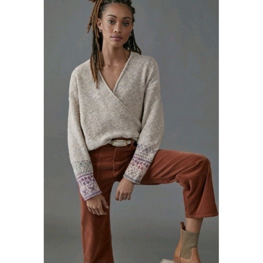 Anthropologie Pilcro Drew Surplice Sweater XS Fair Isle Inspired Cuffs boho